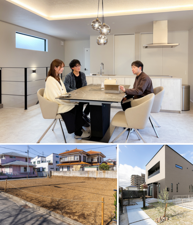 男性がお客様と打ち合わせ中・土地写真・家外観写真