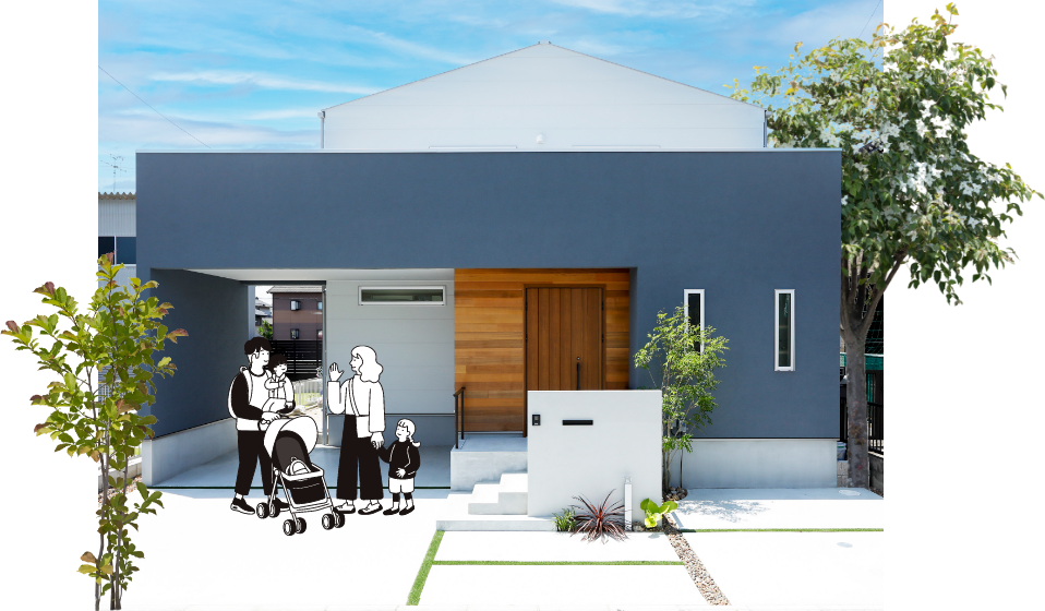 ガレージにいる家族4人