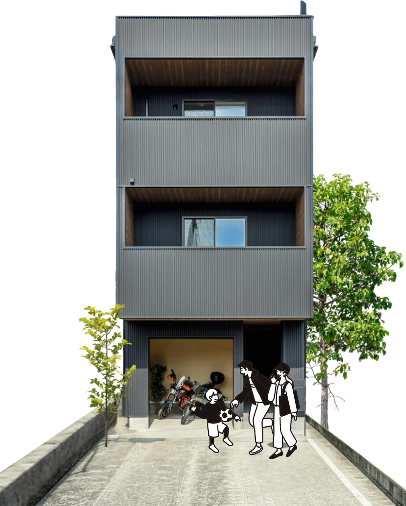 ケーズカーサが手がけたガレージのある3階建て住宅の外観